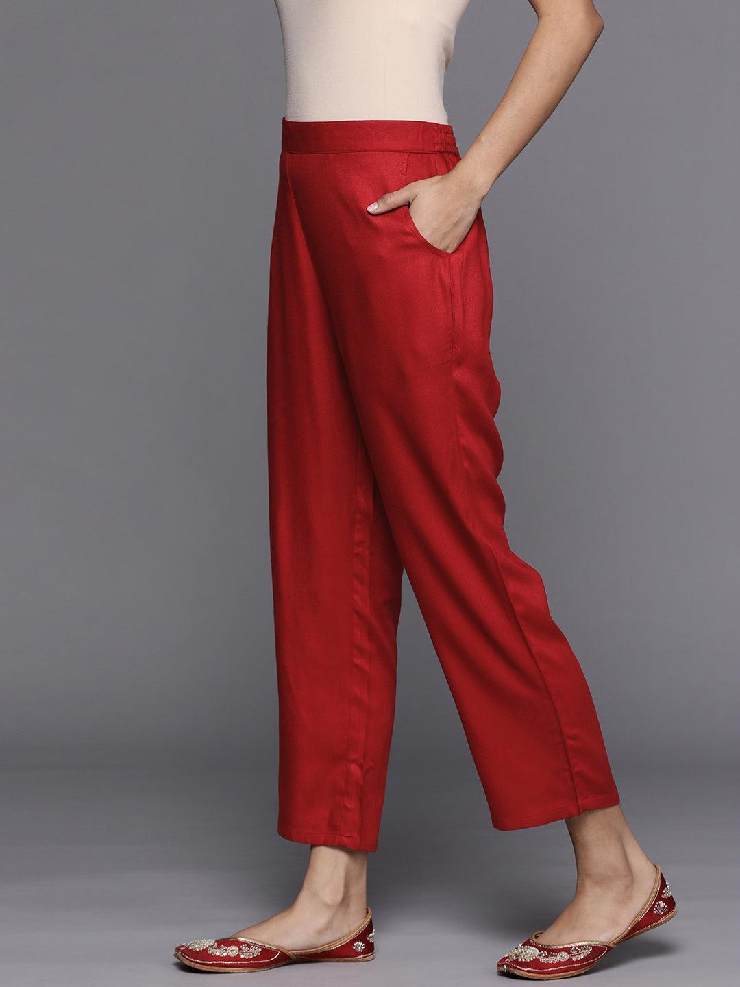 Red Solid Pashmina Wool Trousers - ShopLibas 