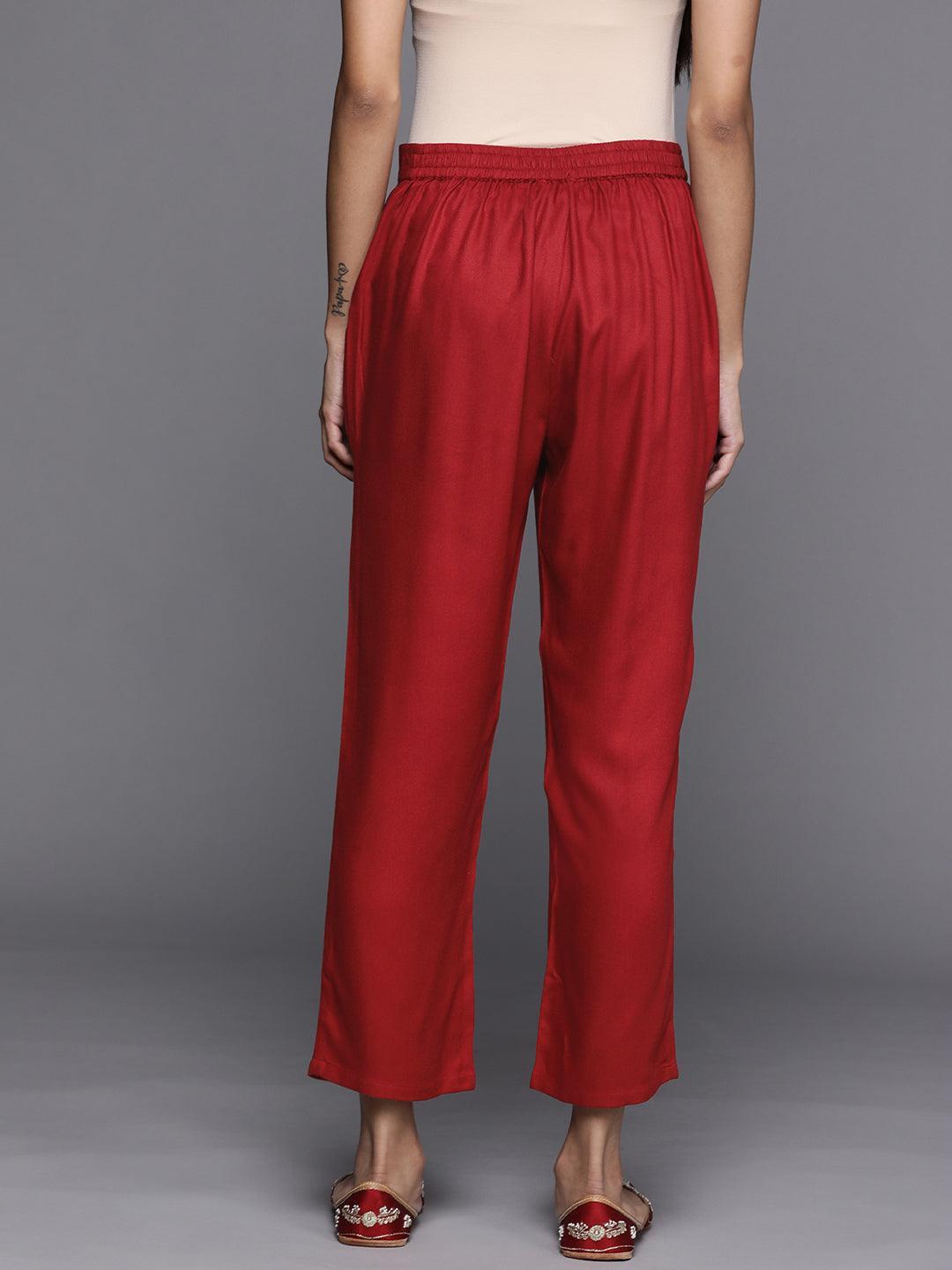 Red Solid Pashmina Wool Trousers - ShopLibas 