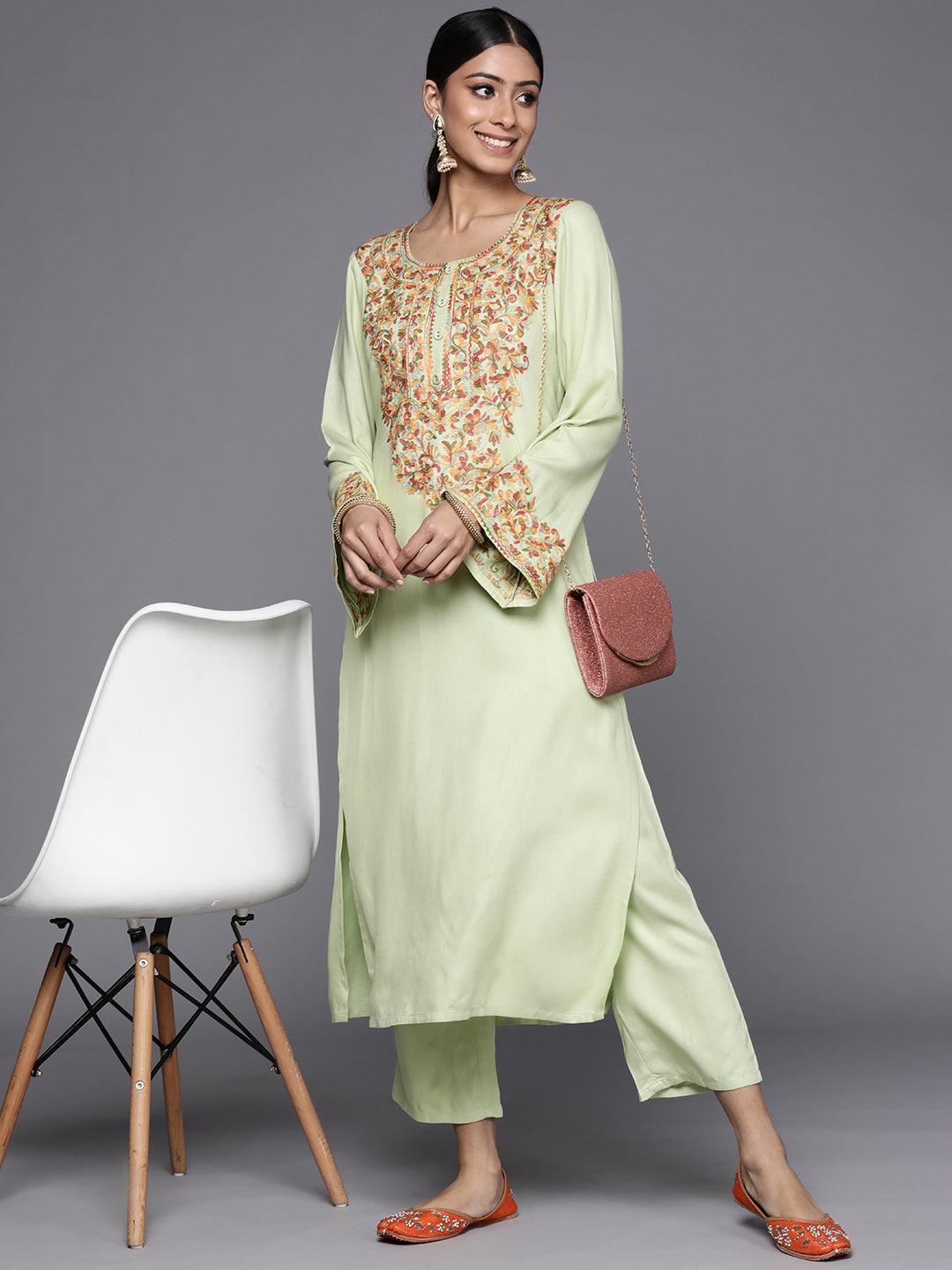 Green Solid Pashmina Wool Trousers - ShopLibas 