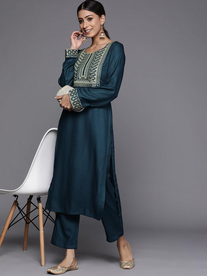 Blue Solid Pashmina Wool Trousers
