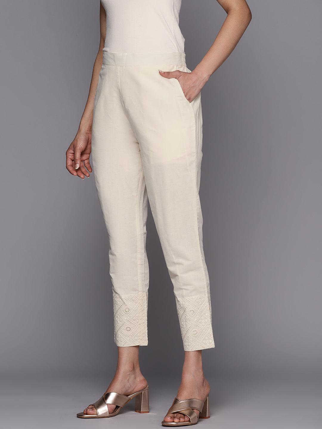 Off White Embroidered Cotton Trousers - ShopLibas 