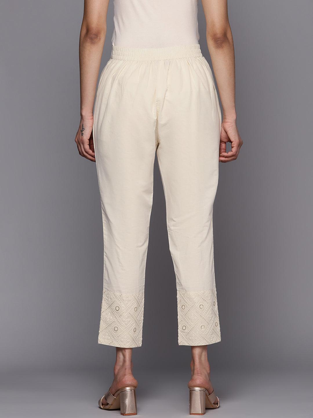Off White Embroidered Cotton Trousers - ShopLibas 