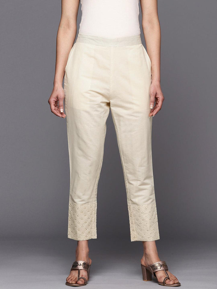 Off White Embroidered Cotton Trousers