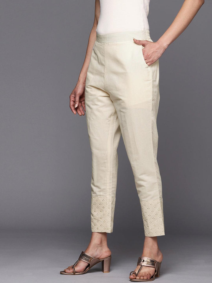 Off White Embroidered Cotton Trousers