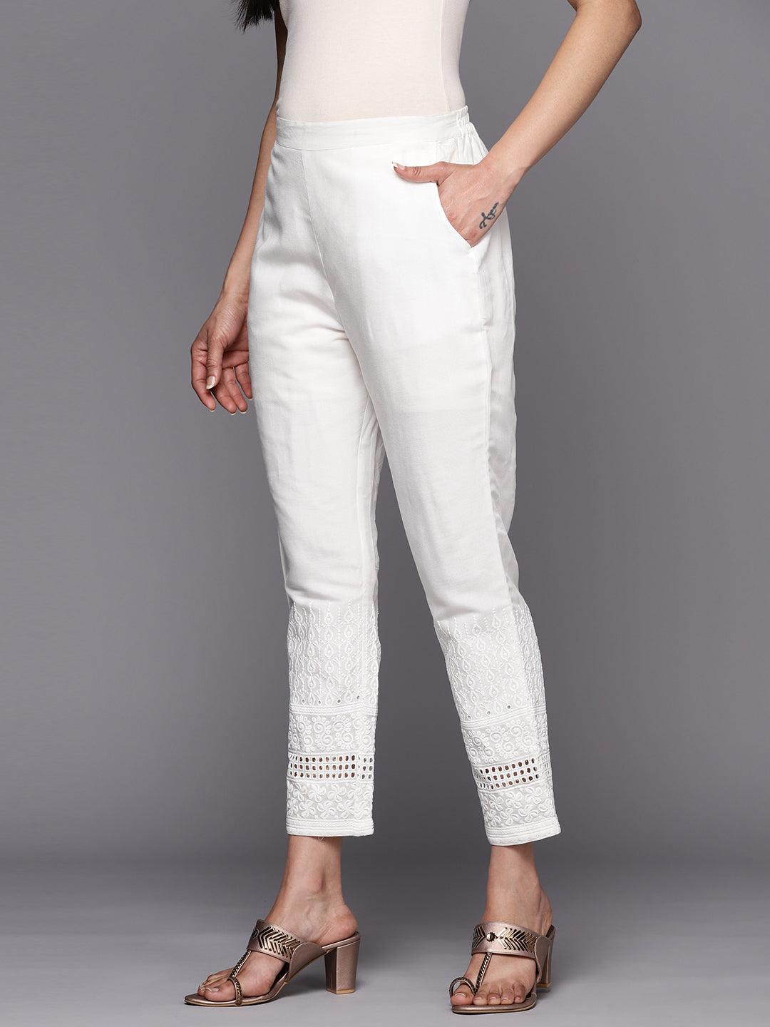 White Embroidered Cotton Trousers - ShopLibas 