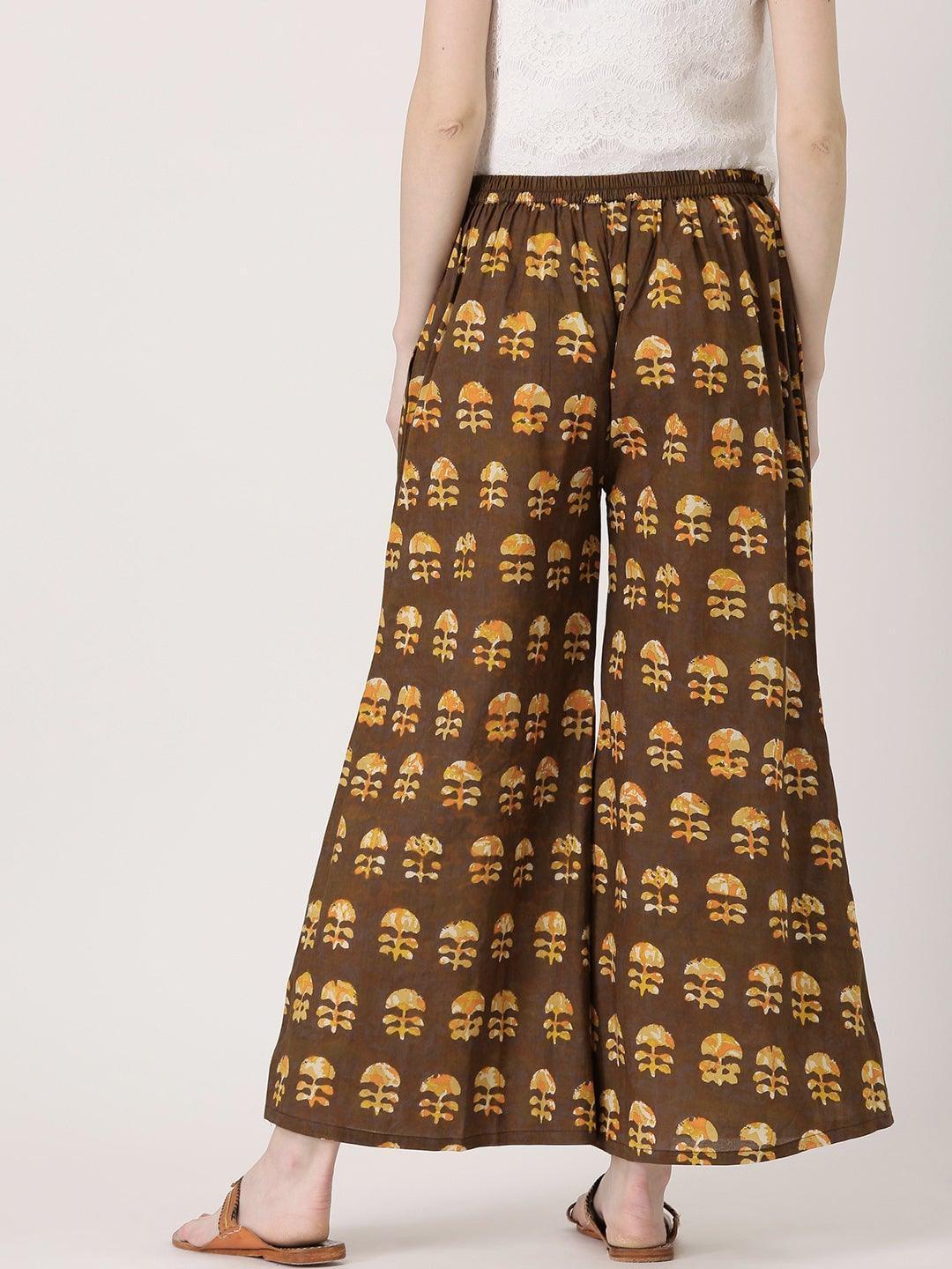 Brown Printed Cotton Palazzos - ShopLibas 