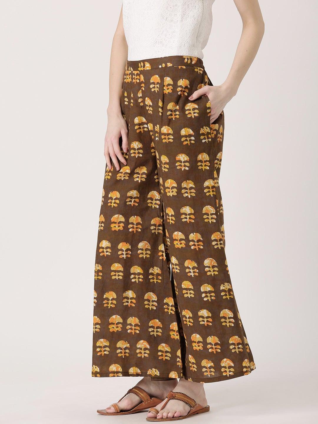 Brown Printed Cotton Palazzos - ShopLibas 