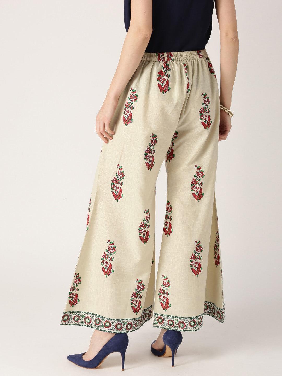 Off White Printed Cotton Palazzos - ShopLibas 