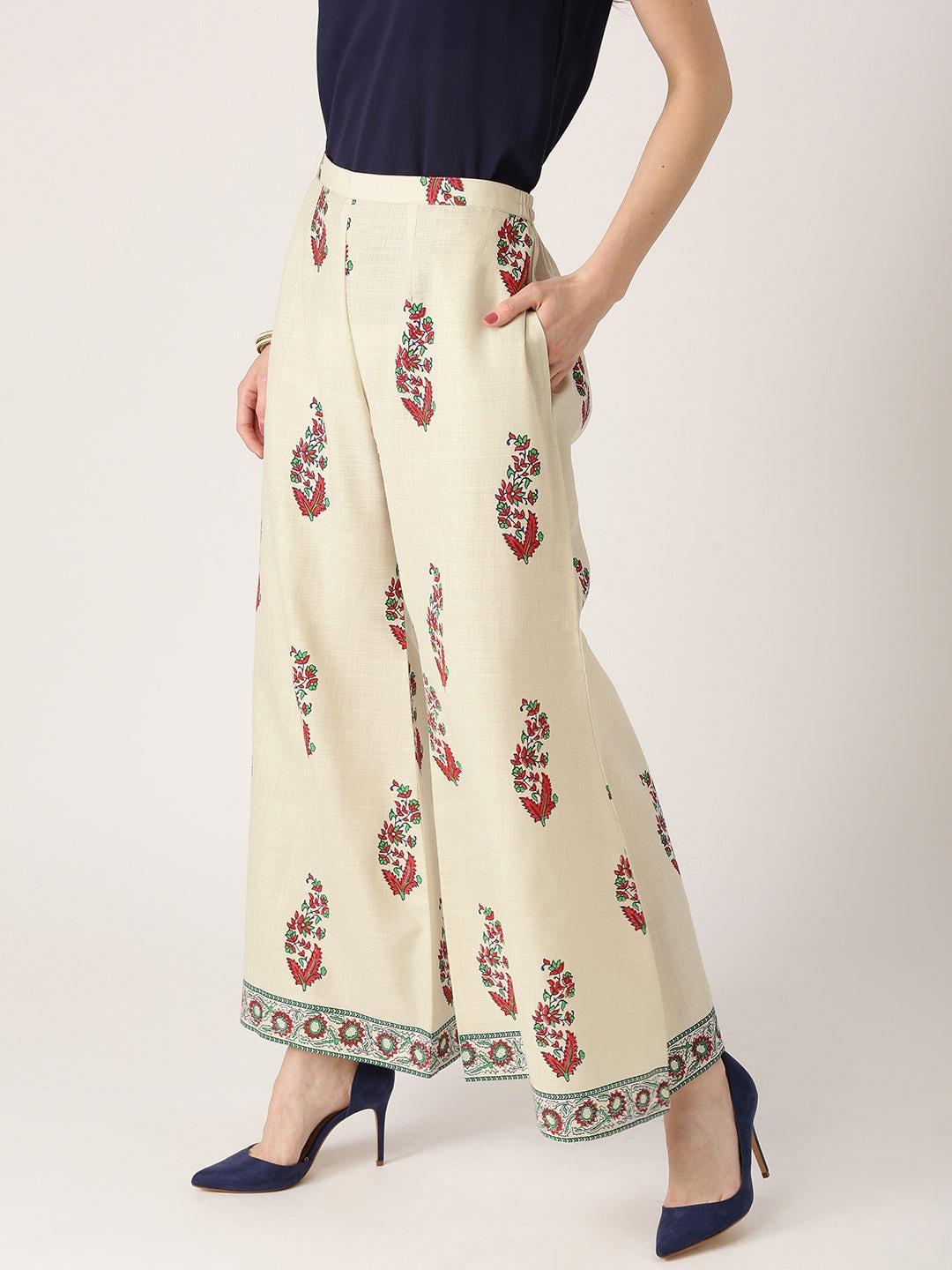 Off White Printed Cotton Palazzos - ShopLibas 