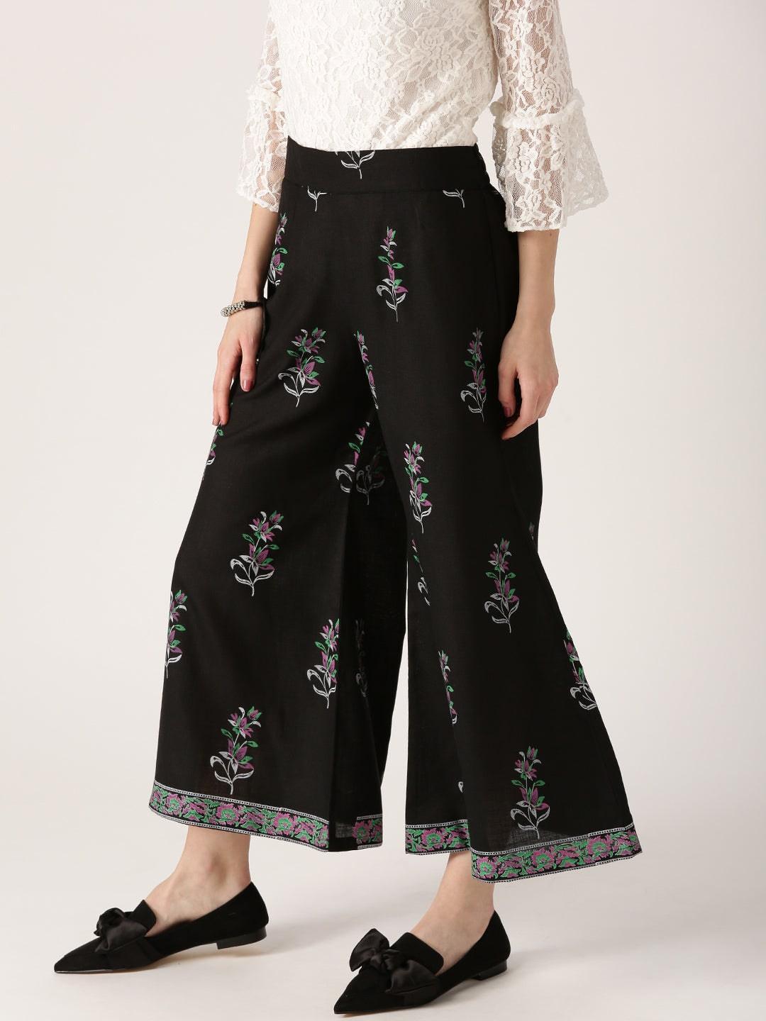 Black Printed Cotton Palazzos - ShopLibas 