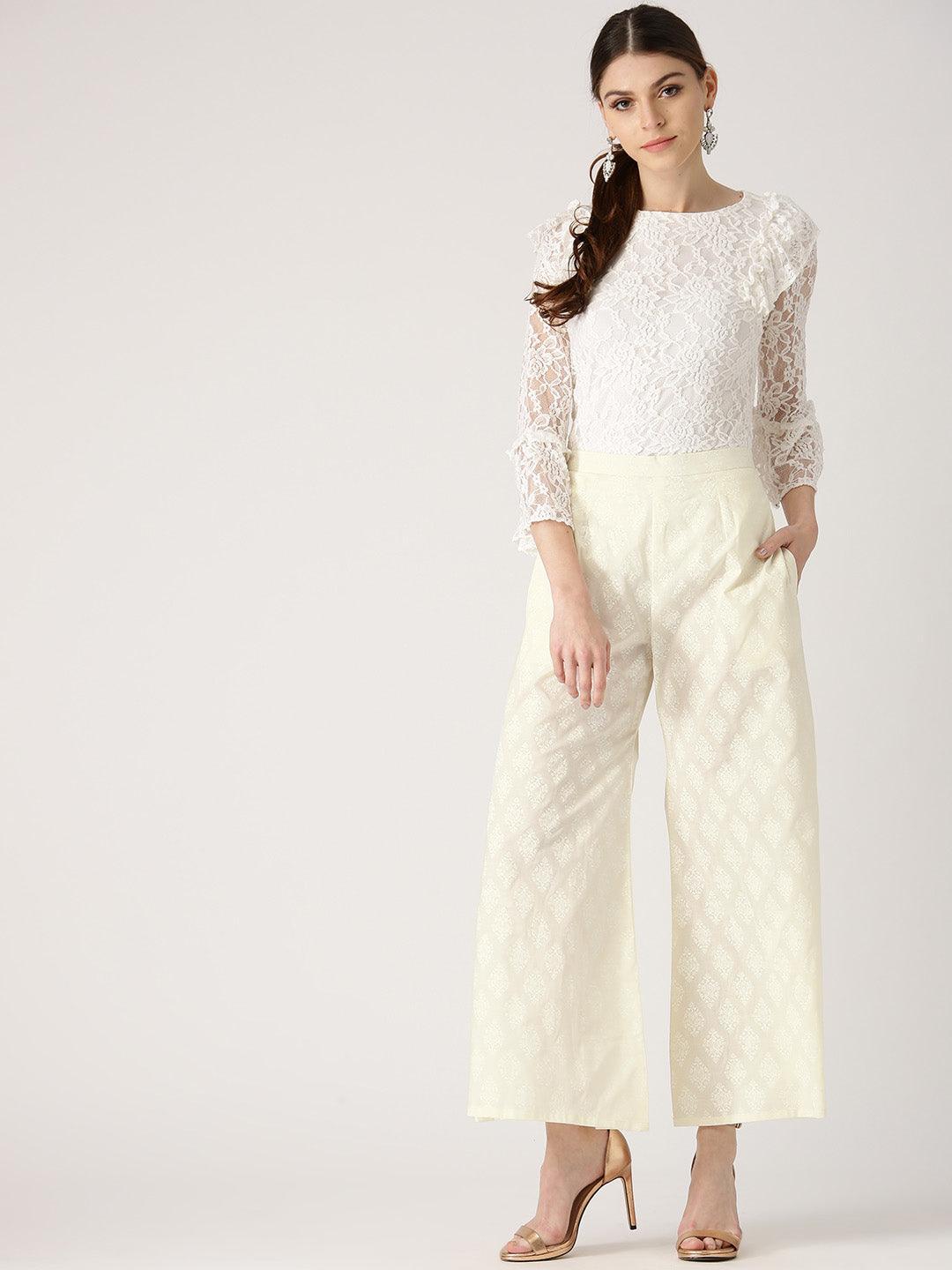 White Printed Cotton Palazzos - ShopLibas