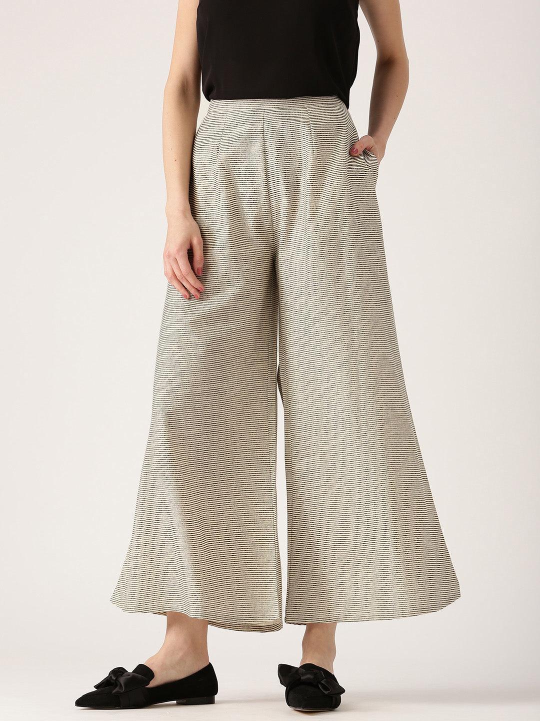 Beige Striped Cotton Palazzos - ShopLibas