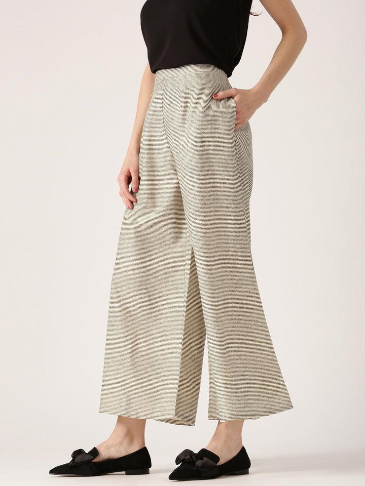 Beige Striped Cotton Palazzos - ShopLibas