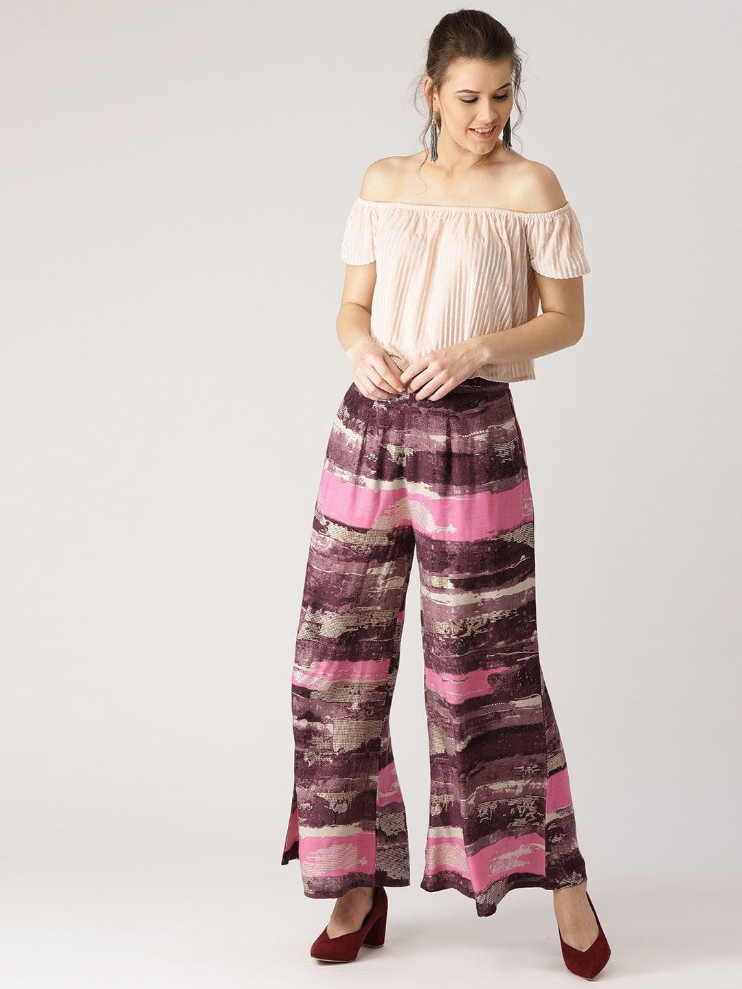 Purple Abstract Rayon Palazzos - ShopLibas