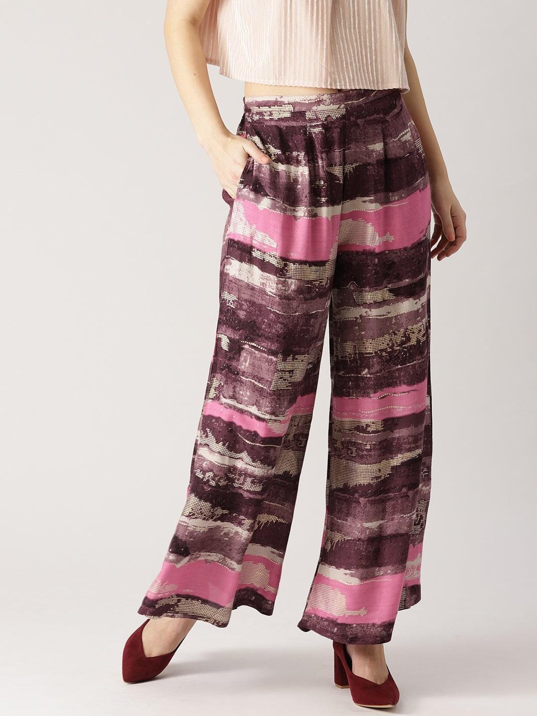 Purple Abstract Rayon Palazzos - ShopLibas