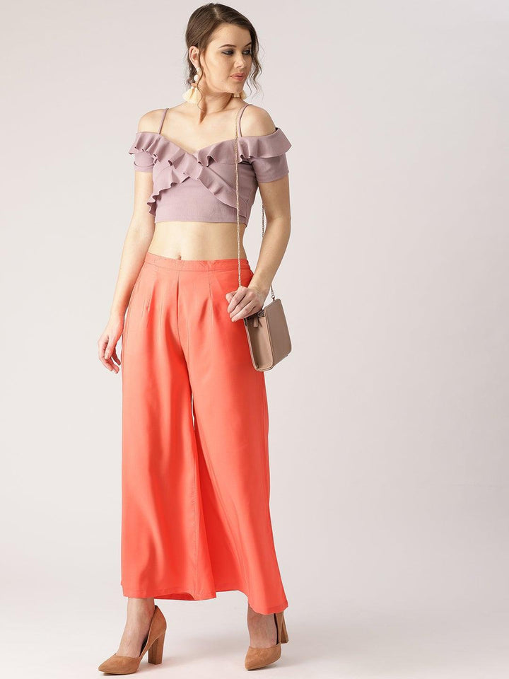 Orange Solid Crepe Palazzos
