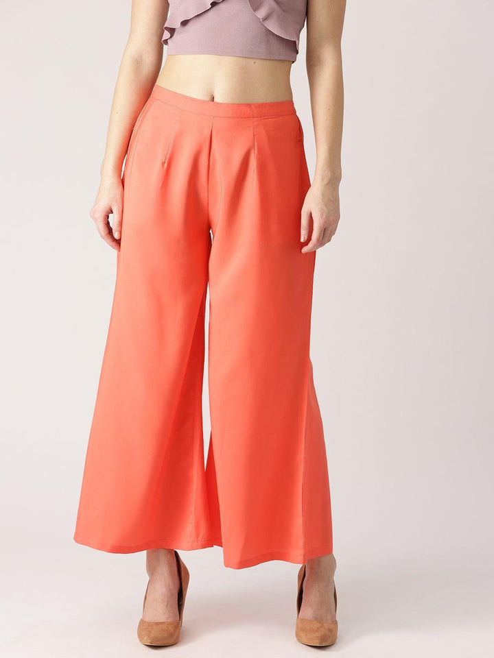 Orange Solid Crepe Palazzos
