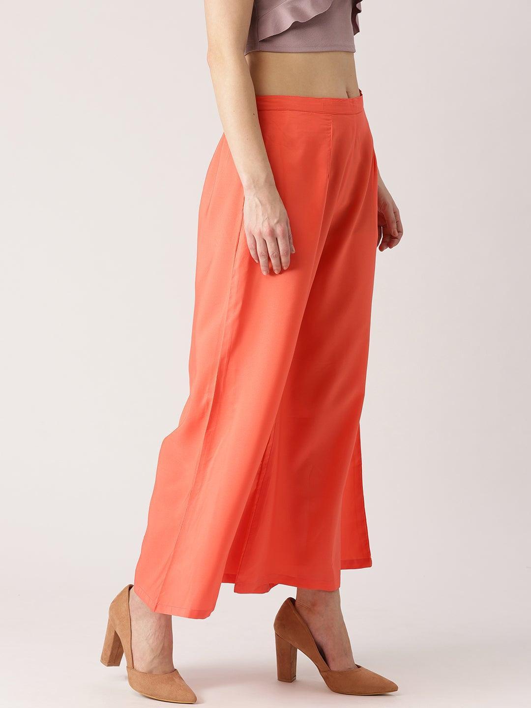 Orange Solid Crepe Palazzos - ShopLibas 