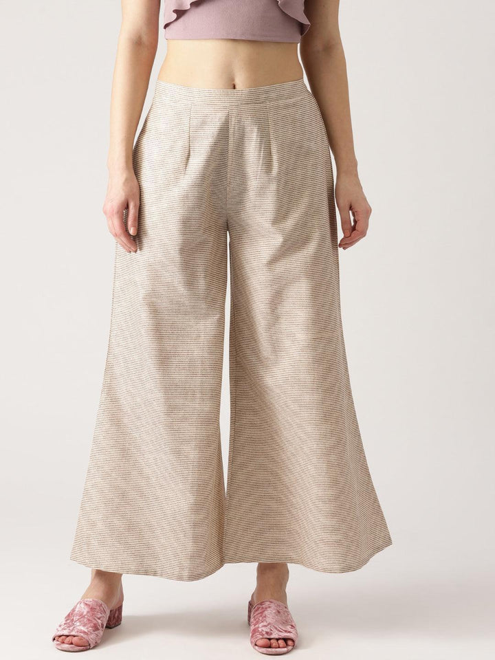 Beige Striped Cotton Palazzos - ShopLibas