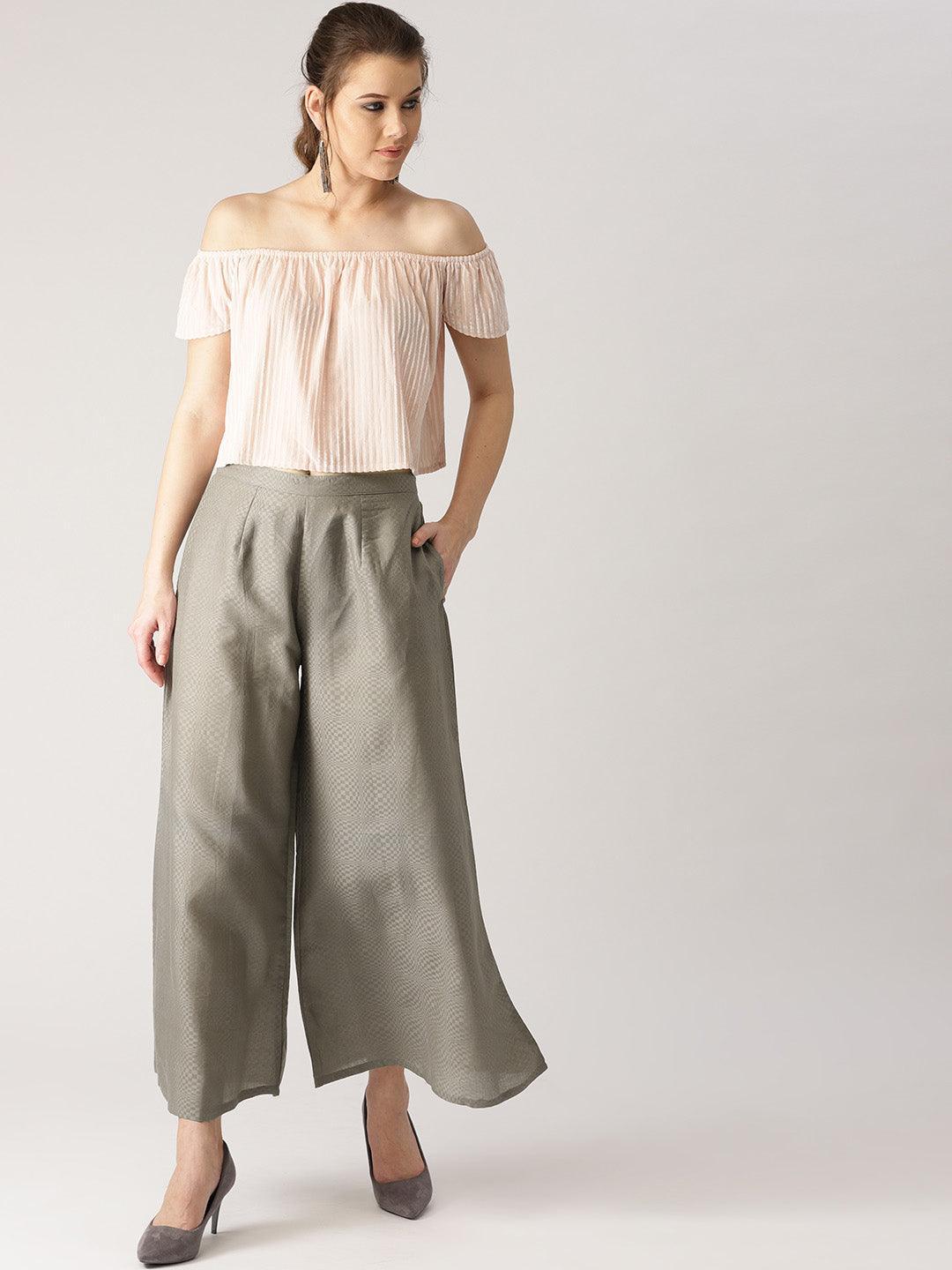 Grey Checkered Cotton Palazzos - ShopLibas 