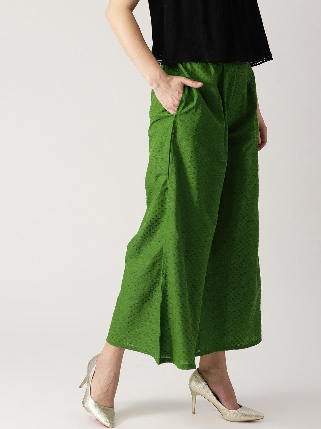 Green Solid Cotton Palazzos - ShopLibas 