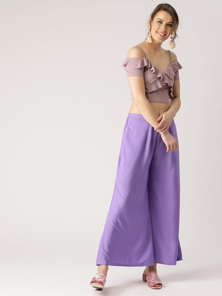 Purple Solid Crepe Palazzos - ShopLibas
