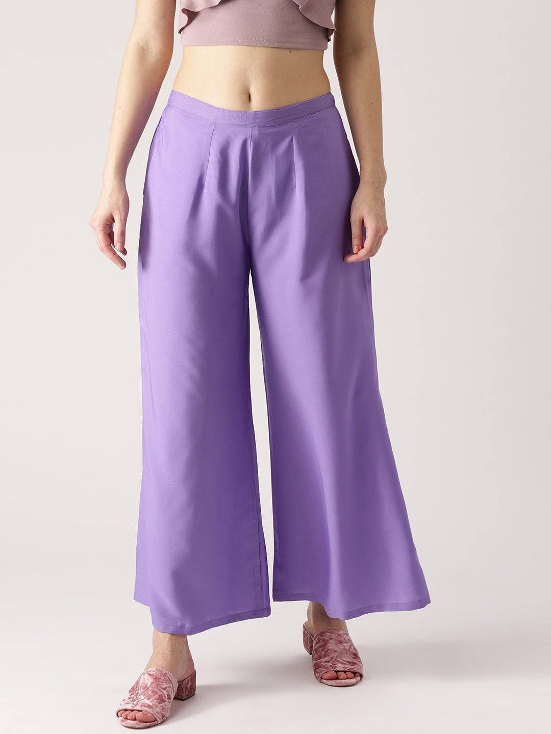 Purple Solid Crepe Palazzos - ShopLibas