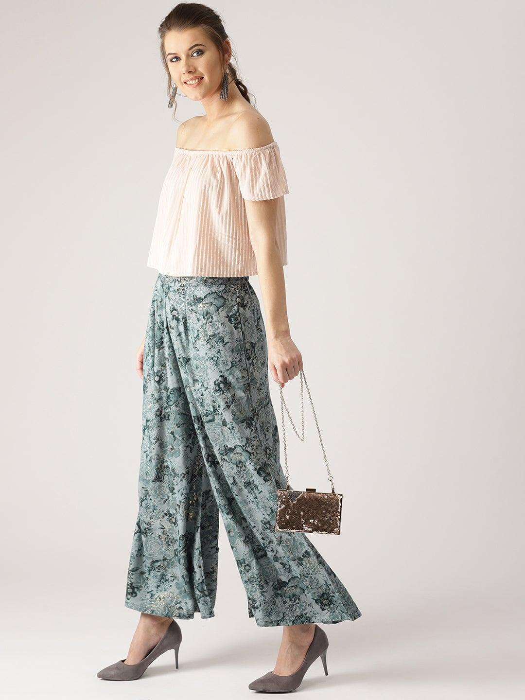 Grey Printed Rayon Palazzos - ShopLibas 