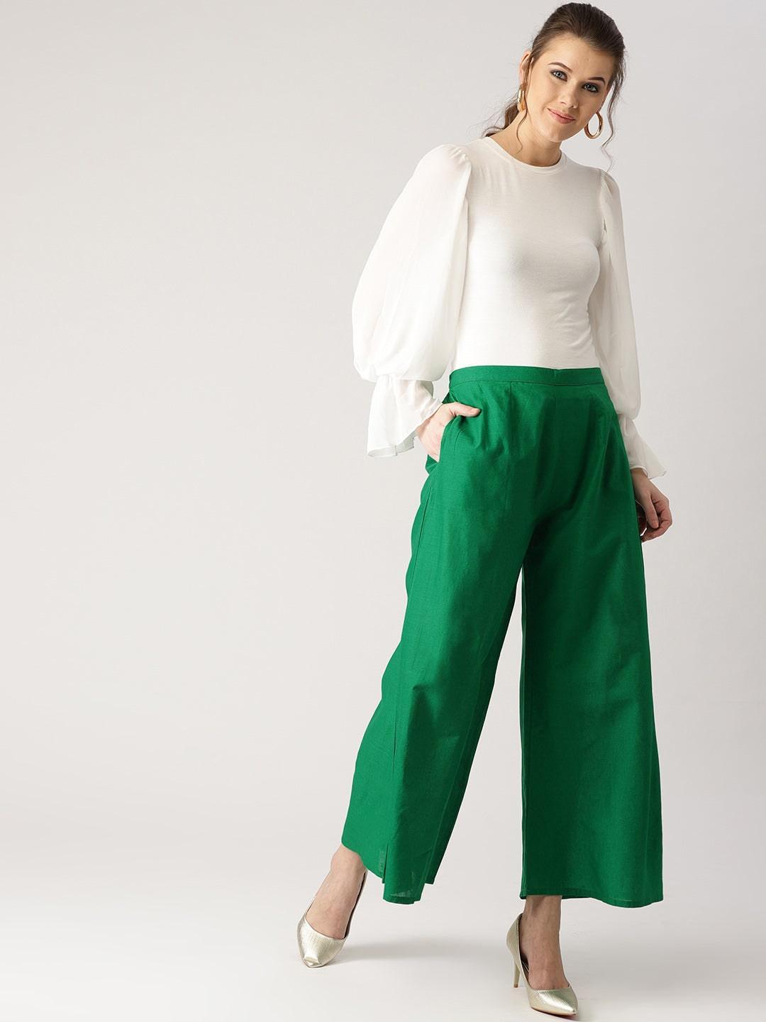 Green Solid Cotton Palazzos - ShopLibas 