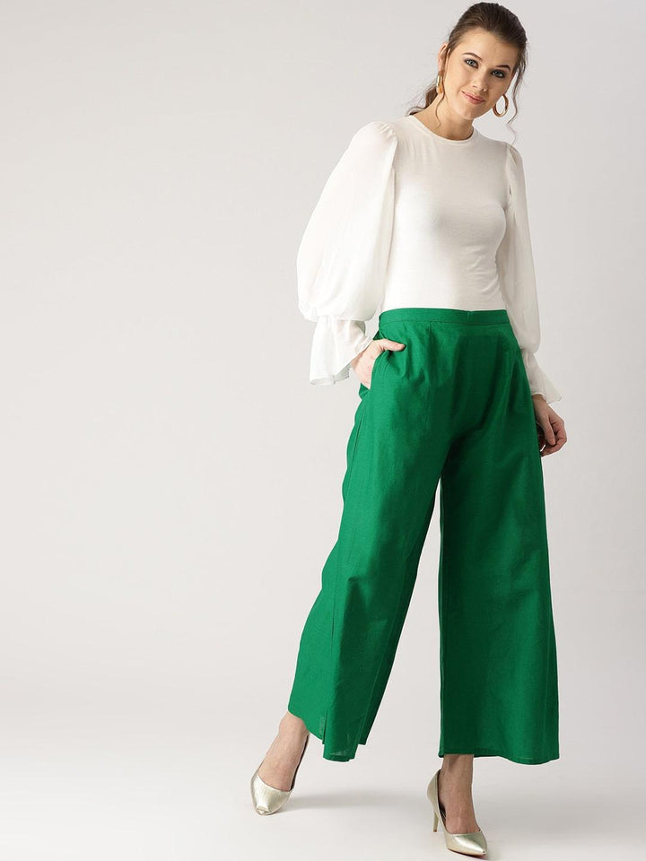 Green Solid Cotton Palazzos