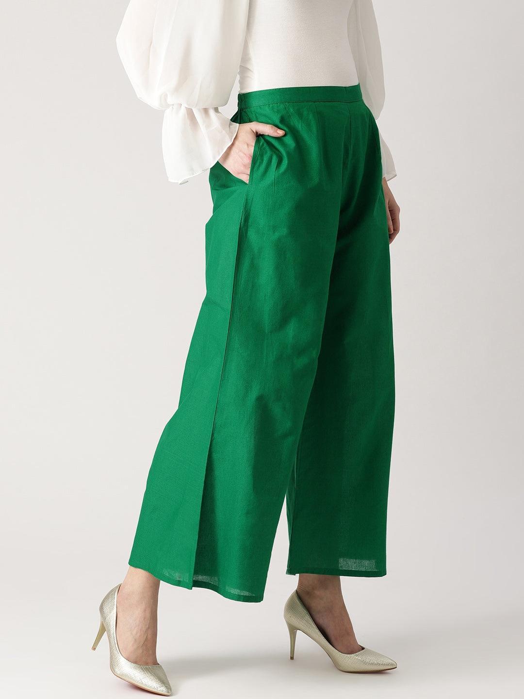 Green Solid Cotton Palazzos - ShopLibas 