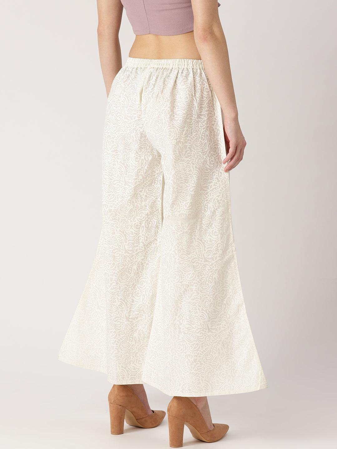White Printed Cotton Palazzos - ShopLibas 