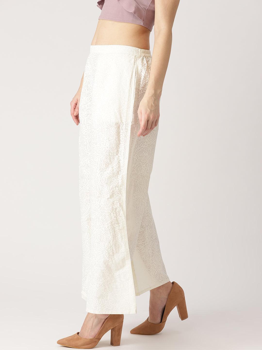 White Printed Cotton Palazzos - ShopLibas 