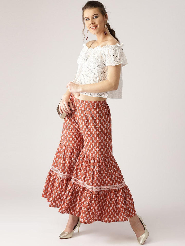 Brown Printed Cotton Sharara Pants