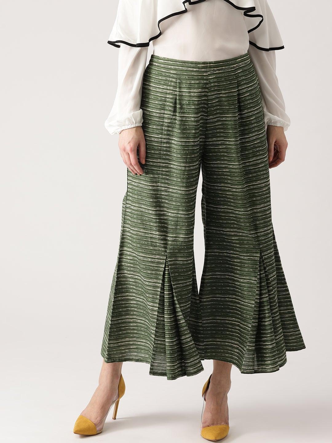 Green Striped Cotton Palazzos - ShopLibas