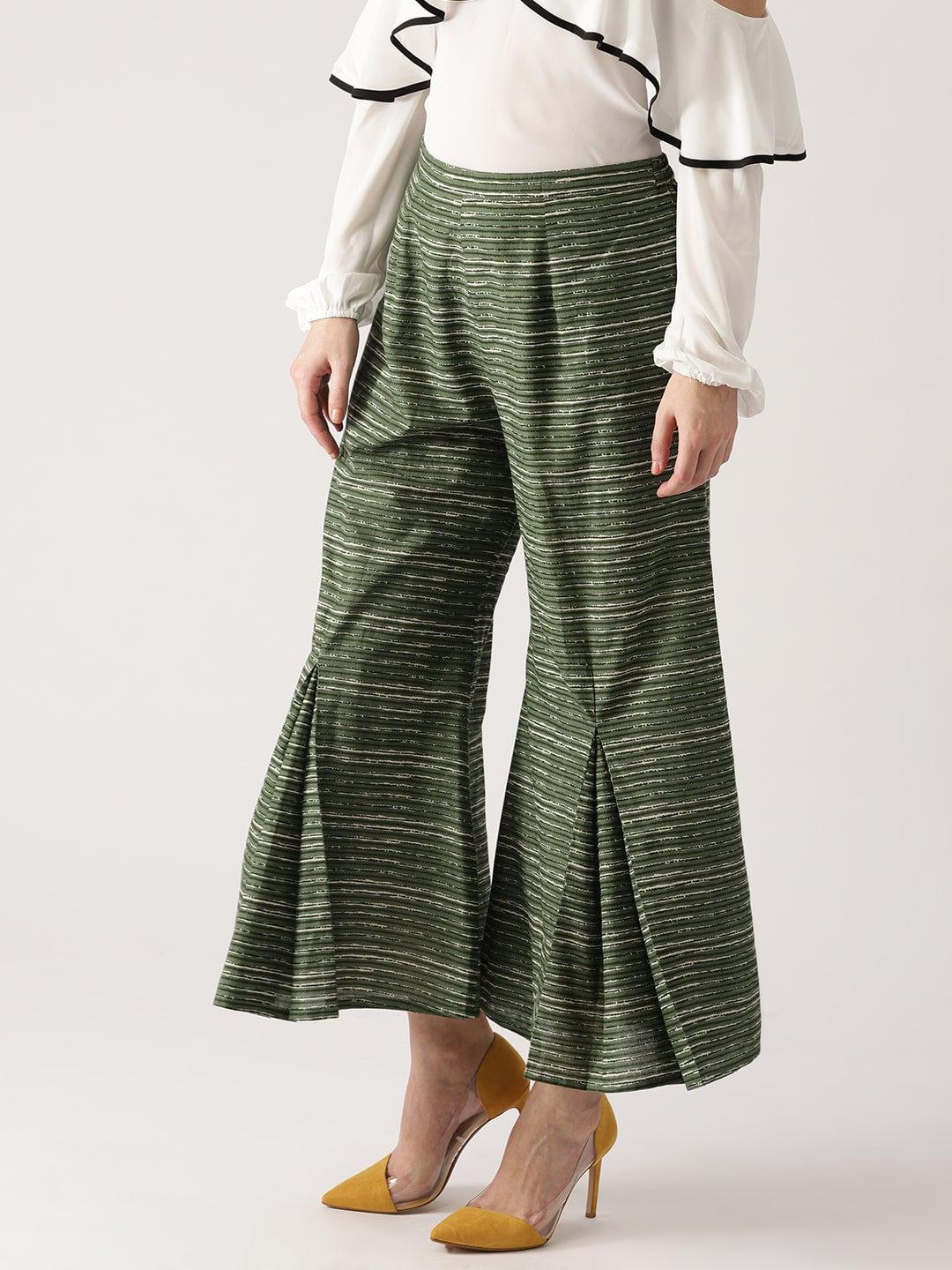 Green Striped Cotton Palazzos - ShopLibas