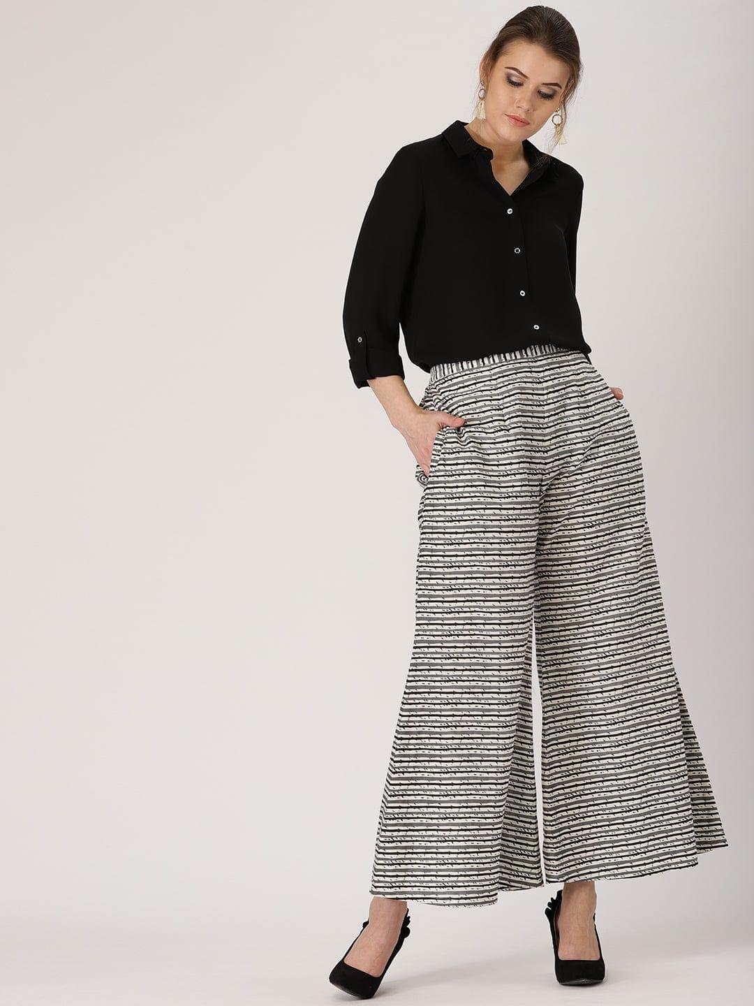 Grey Striped Cotton Palazzos - ShopLibas