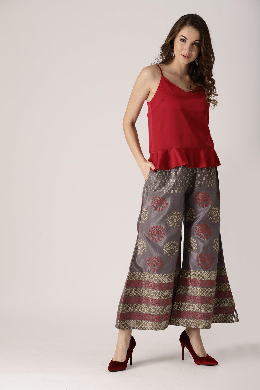 Grey Printed Polyester Palazzos - ShopLibas 