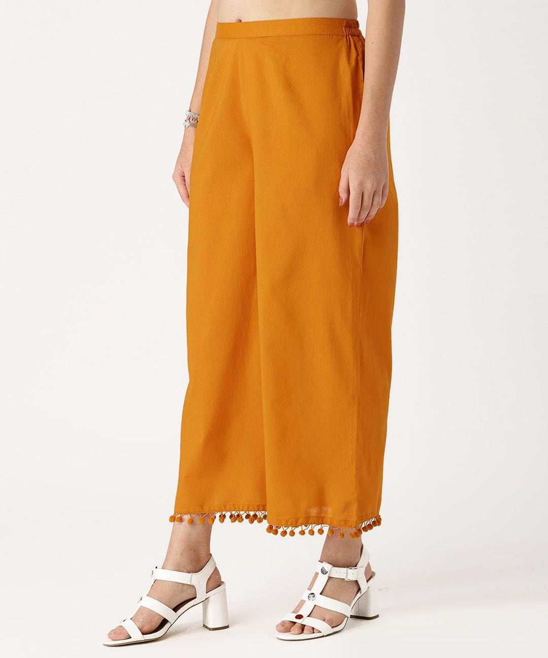 Yellow Solid Cotton Palazzos - ShopLibas