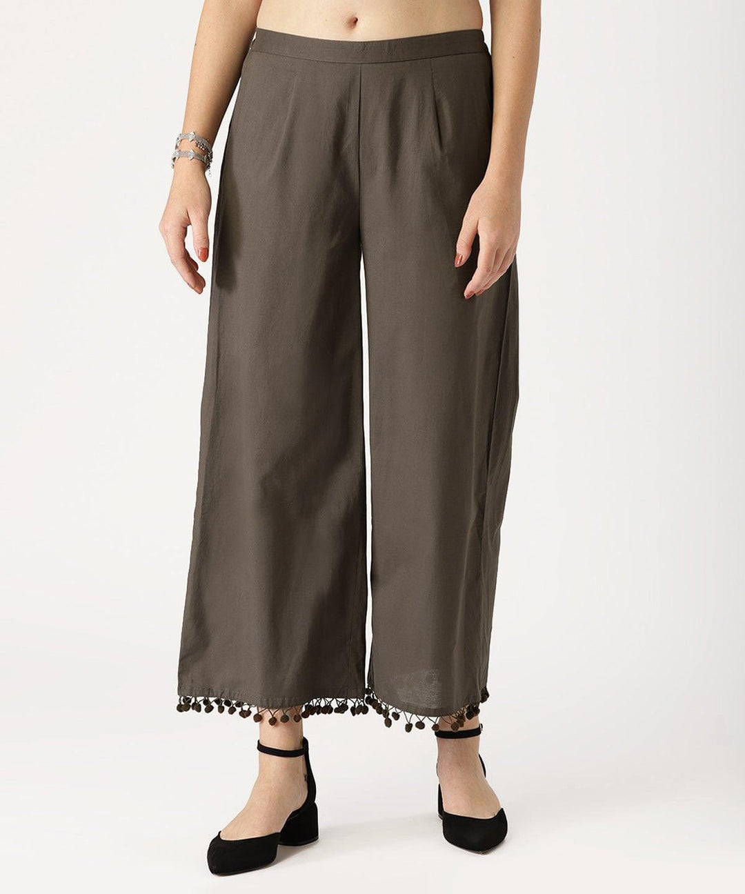 Grey Solid Cotton Palazzos - ShopLibas
