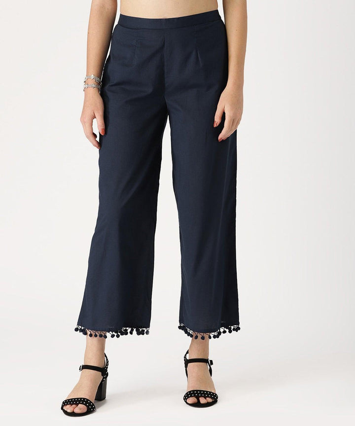 Blue Solid Cotton Palazzos - ShopLibas