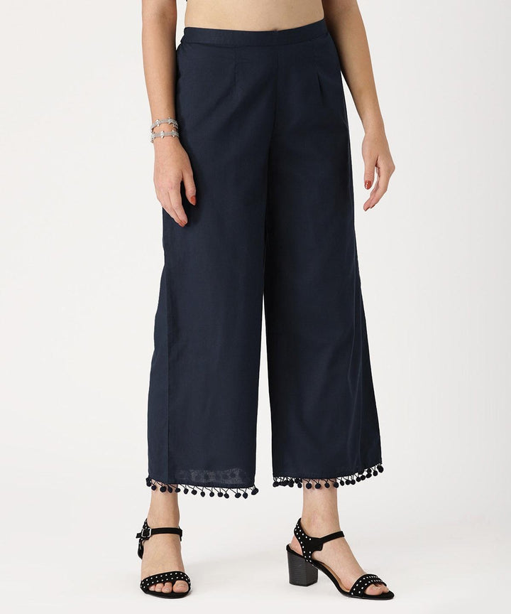 Blue Solid Cotton Palazzos - ShopLibas