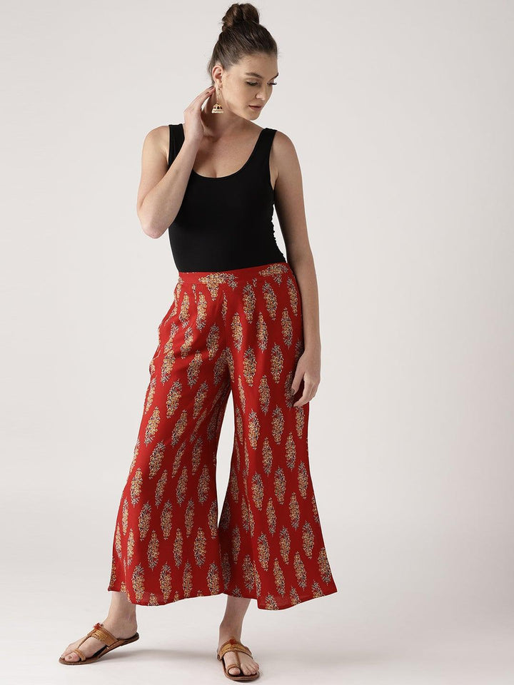 Red Printed Cotton Palazzos - ShopLibas