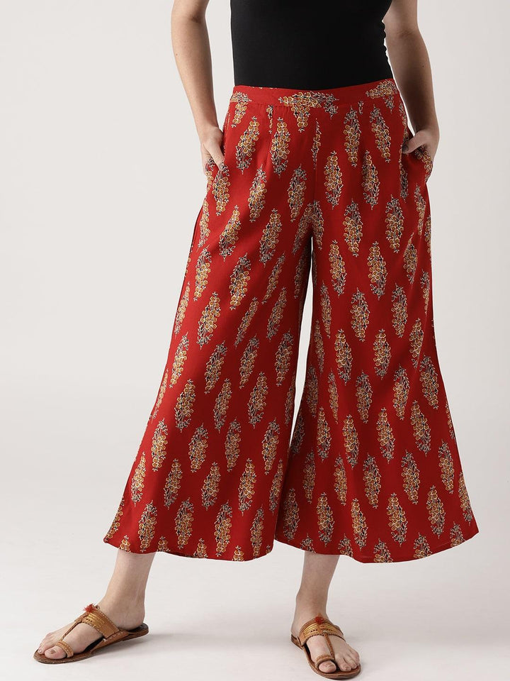 Red Printed Cotton Palazzos - ShopLibas