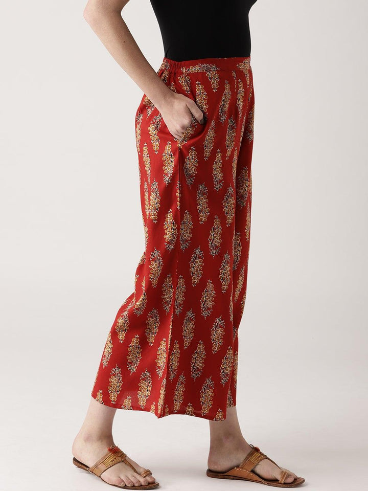 Red Printed Cotton Palazzos - ShopLibas