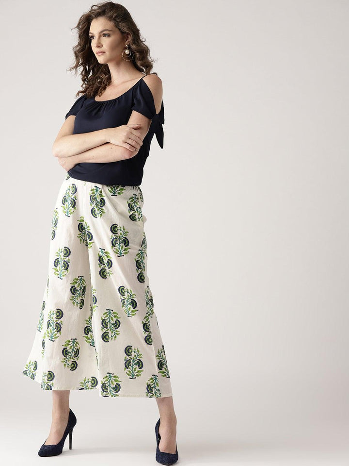 White Printed Cotton Palazzos - ShopLibas