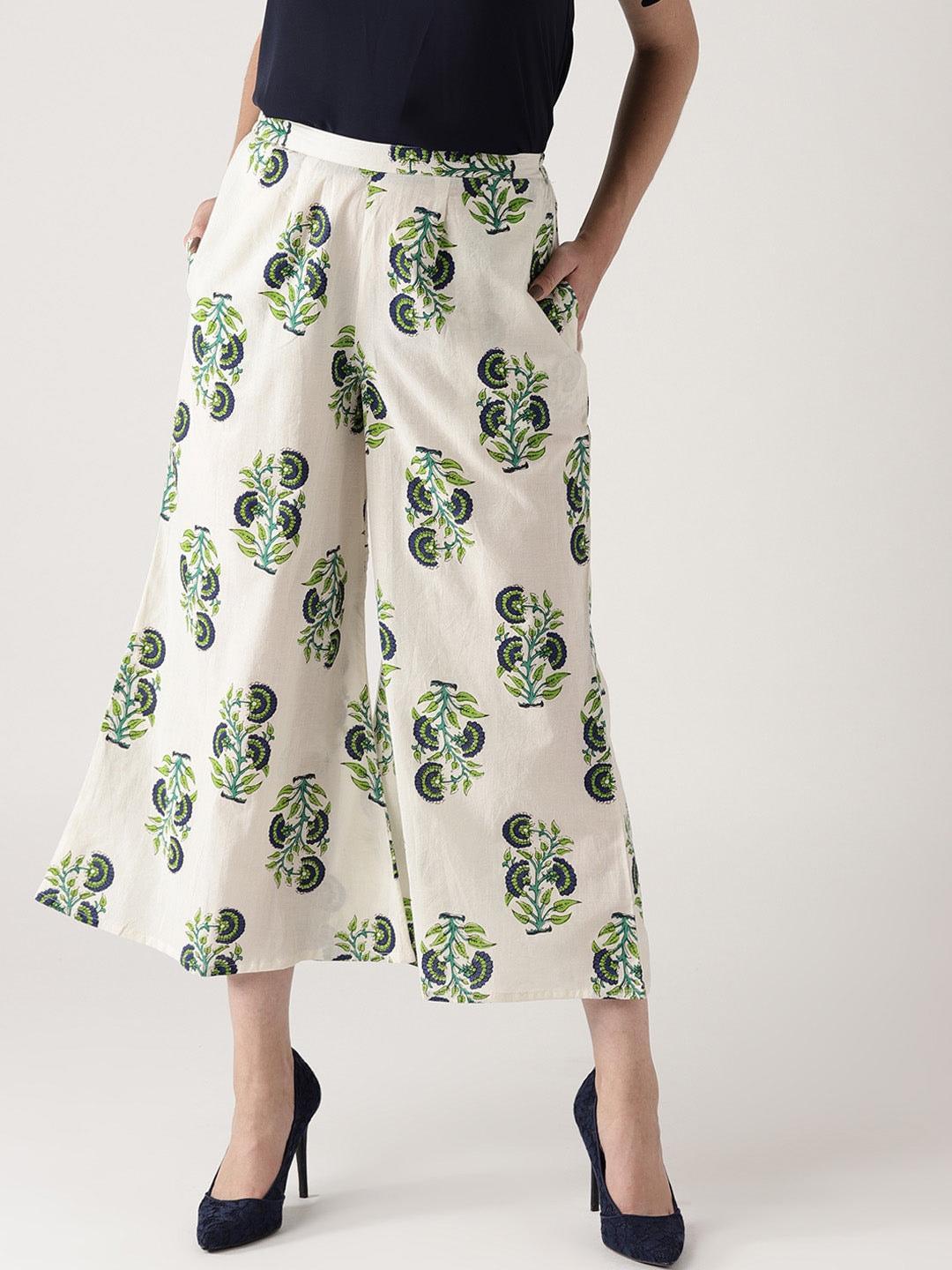White Printed Cotton Palazzos - ShopLibas
