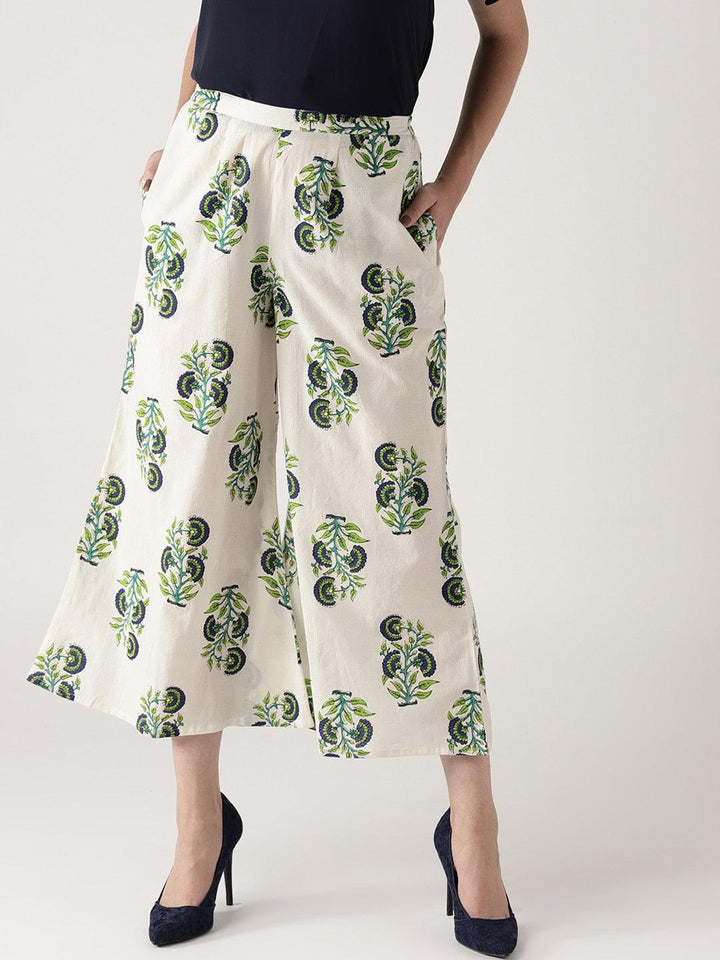 White Printed Cotton Palazzos - ShopLibas