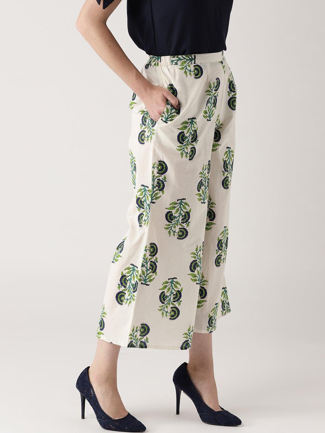 White Printed Cotton Palazzos - ShopLibas