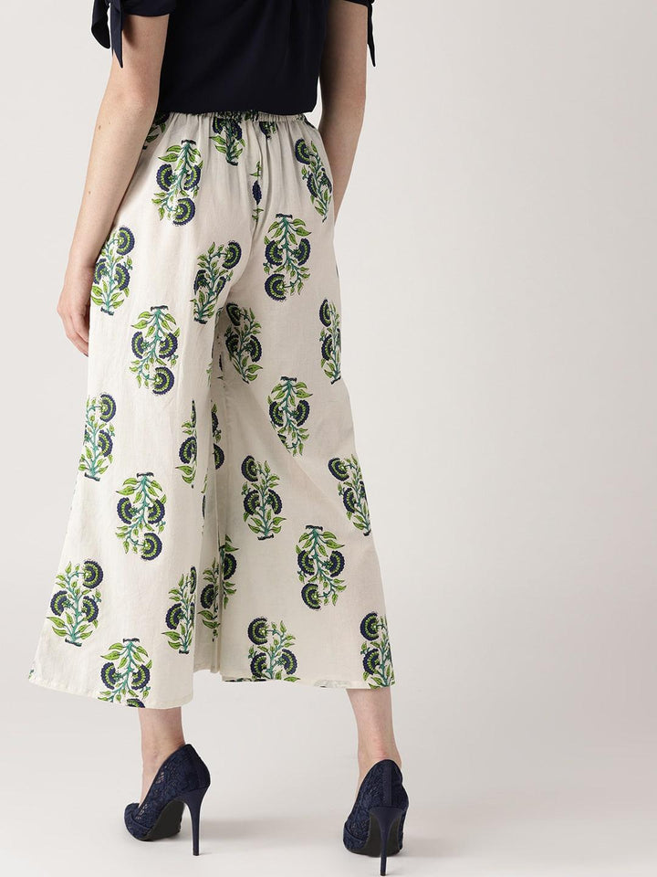 White Printed Cotton Palazzos - ShopLibas